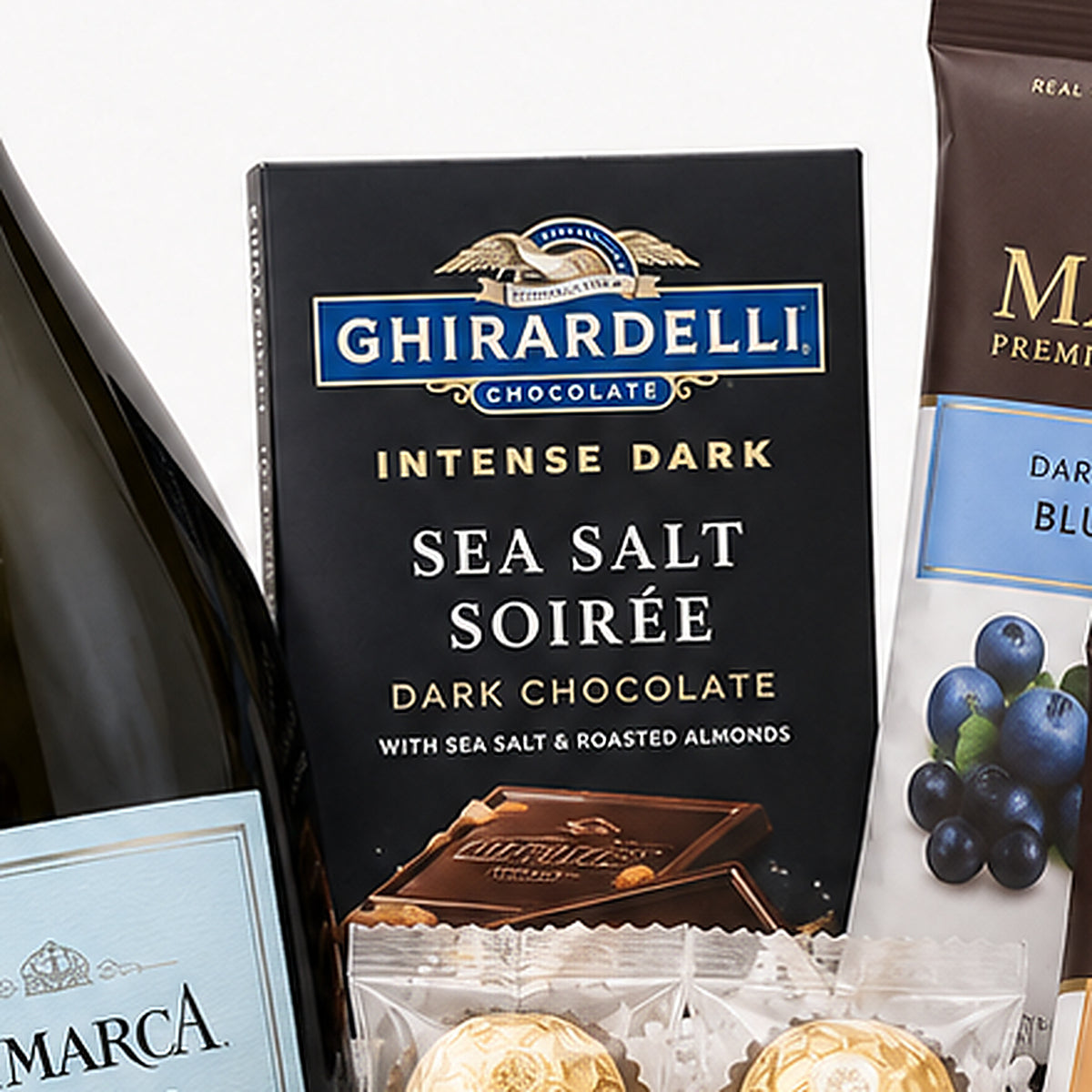 Close-up of the Ghirardelli Intense Dark Sea Salt Soirée included in the Champagne & Chocolate Gift Set.