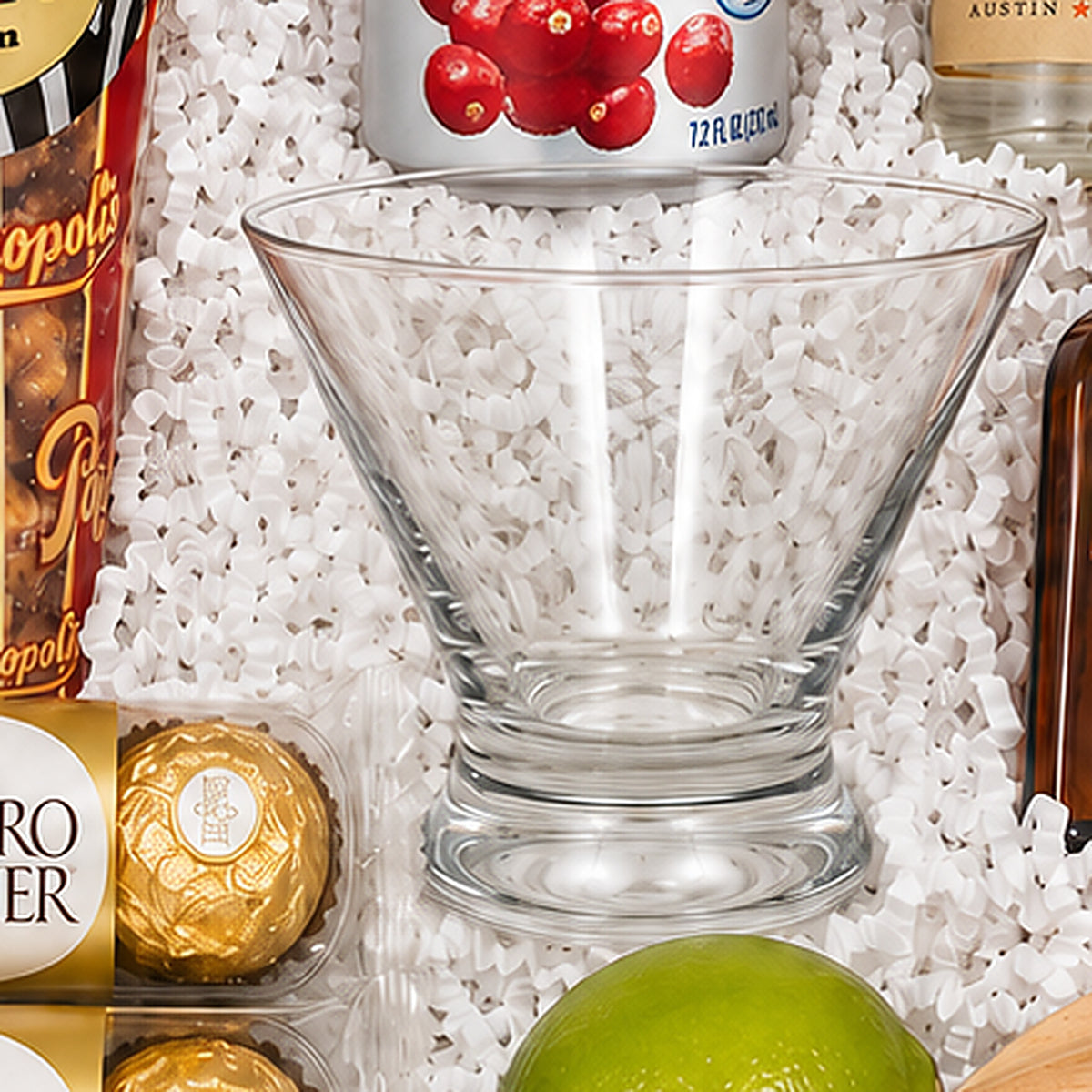 Close-up of the Stemless martini glass included in the Cosmopolitan Gift Set.