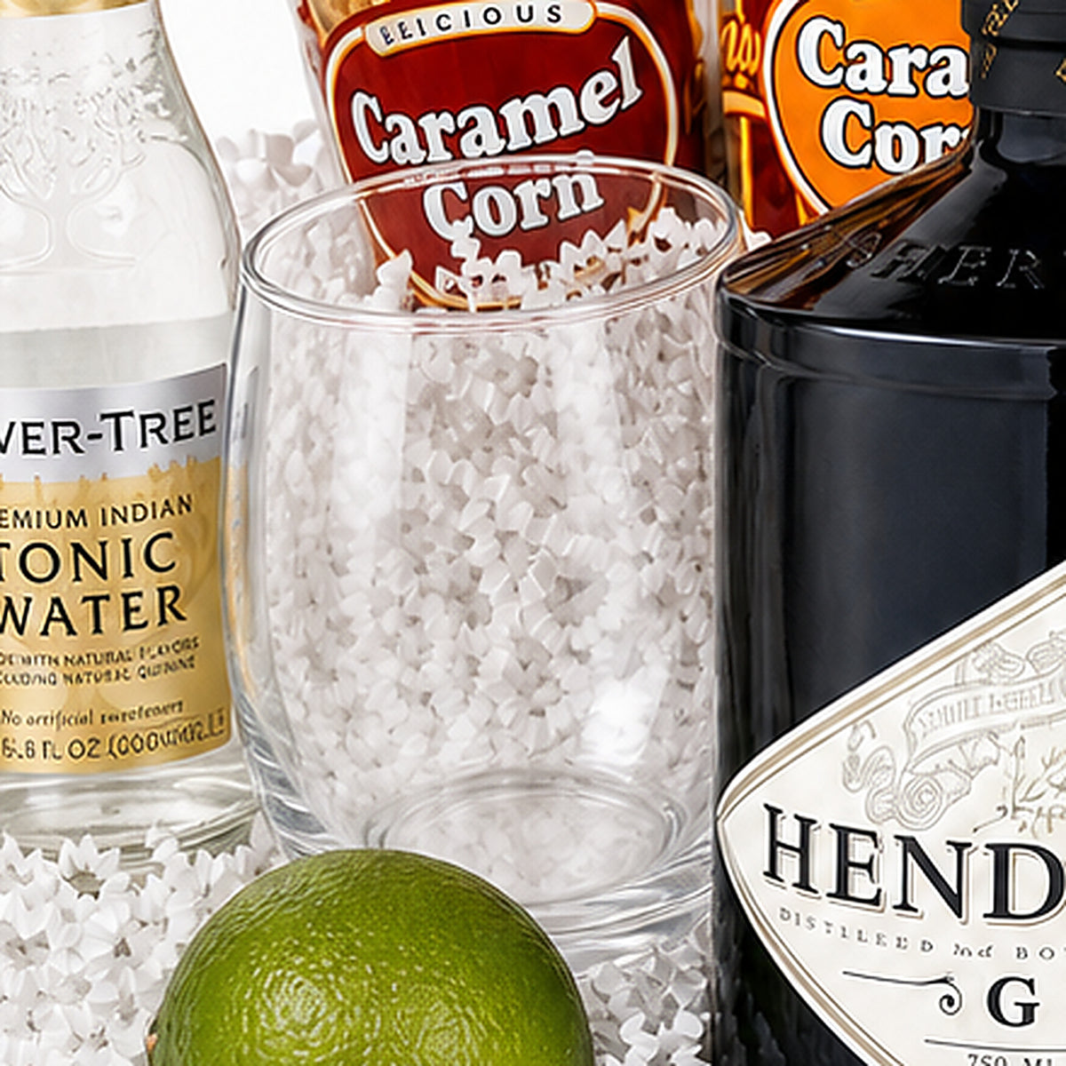 Close-up of the Stemless tumbler glass included in the Gin & Tonic Gift Basket.