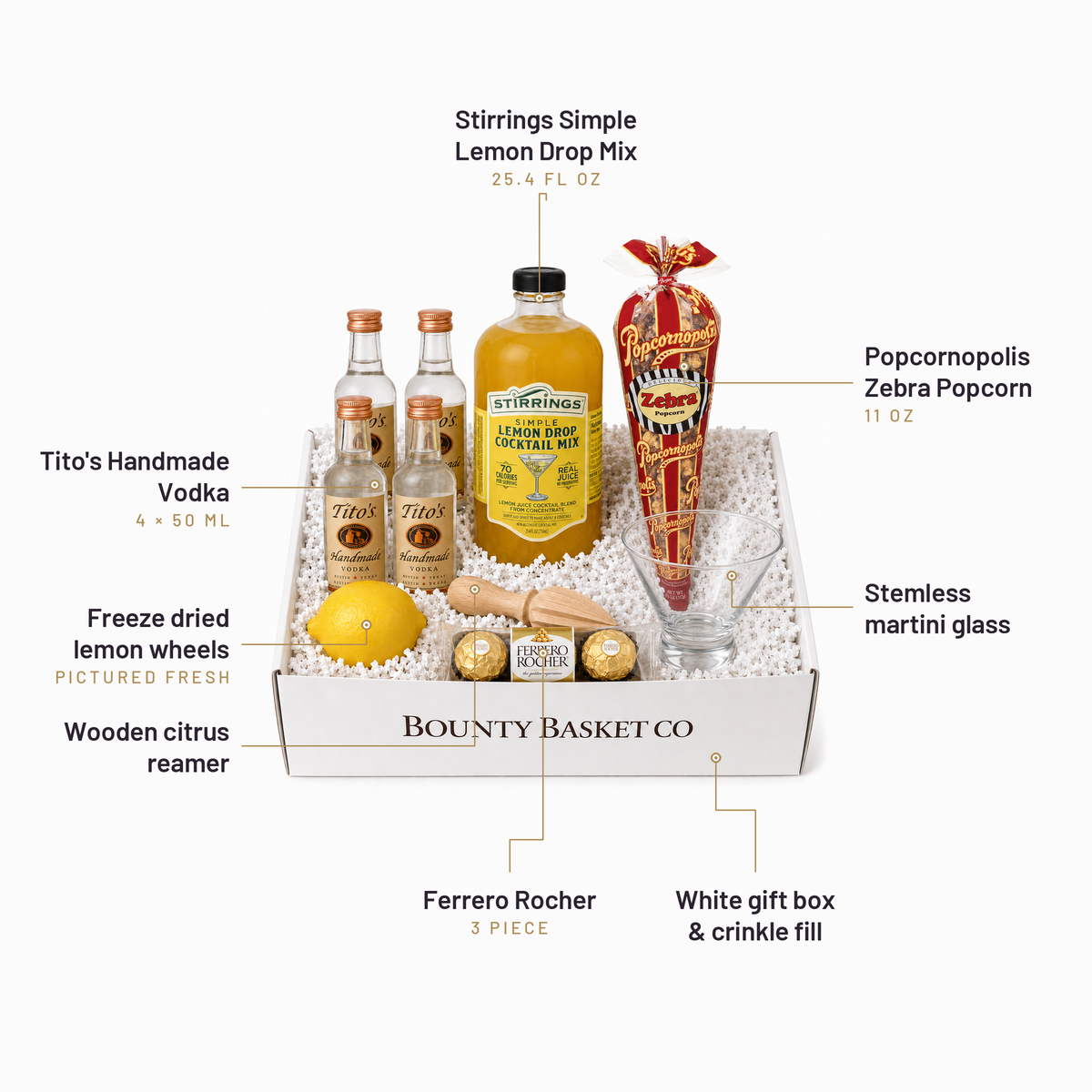 What's inside the Lemon Drop Martini gift set, labelled: Tito's Handmade Vodka, Stirrings Simple Lemon Drop cocktail mix, Popcornopolis Zebra popcorn, Ferrero Rocher, a stemless martini glass, a wooden citrus reamer and freeze dried lemon wheels, packed in a white Bounty Basket Co gift box.