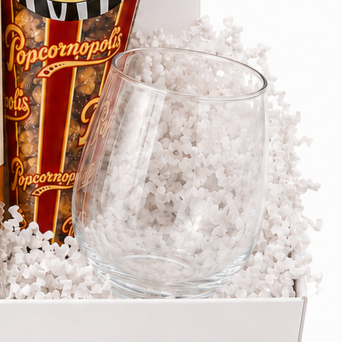 Close-up of the Stemless wine glass included in the Mimosa Gift Basket.