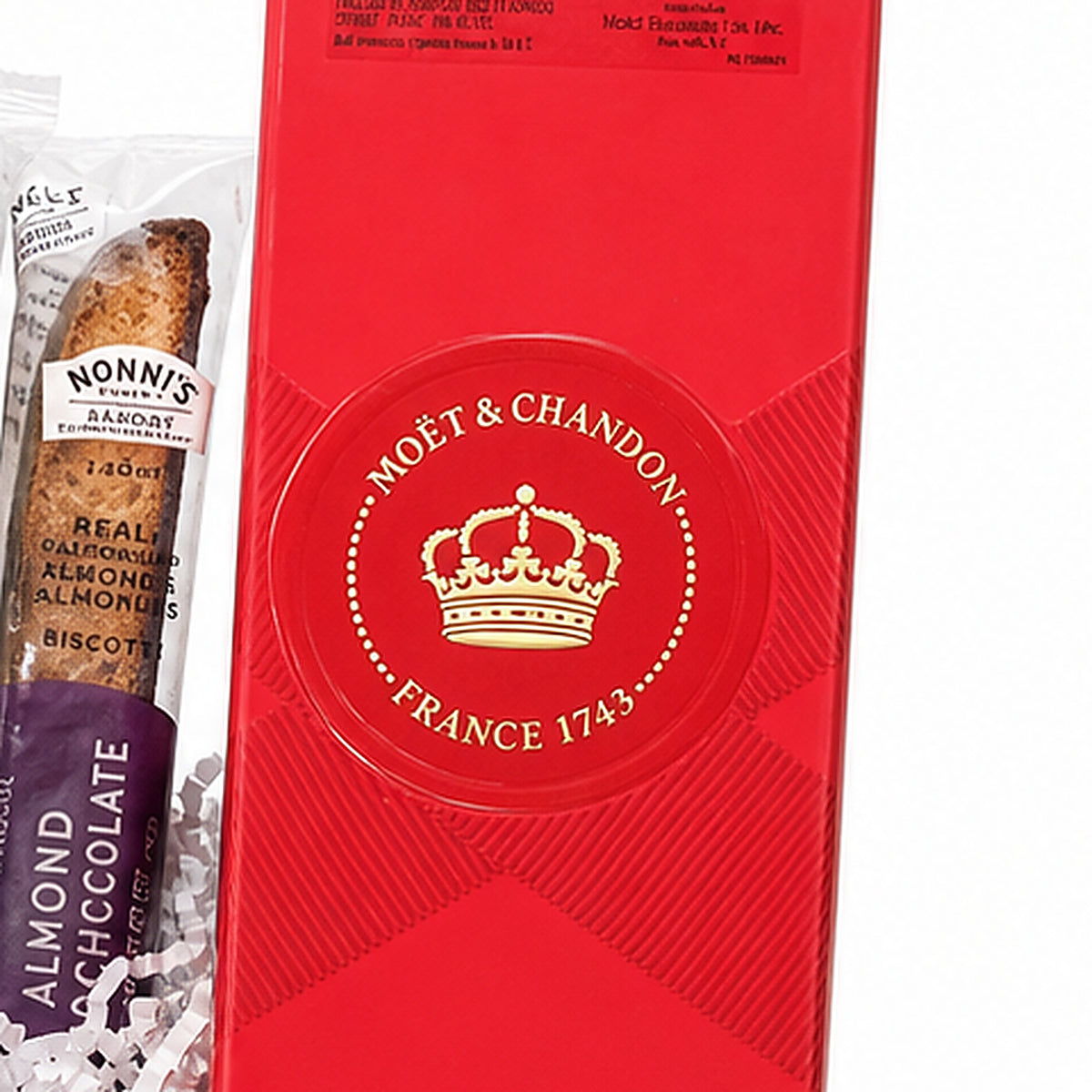 Close-up of the Moët & Chandon gift box included in the Champagne Gift Basket.