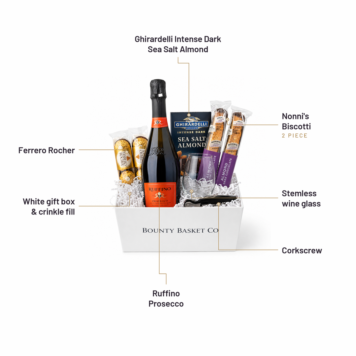 What's inside the Prosecco Gift Basket, labelled: Ghirardelli Intense Dark Sea Salt Almond, Ferrero Rocher, White gift box & crinkle fill, Nonni's Biscotti, Stemless wine glass, Corkscrew, Ruffino Prosecco.