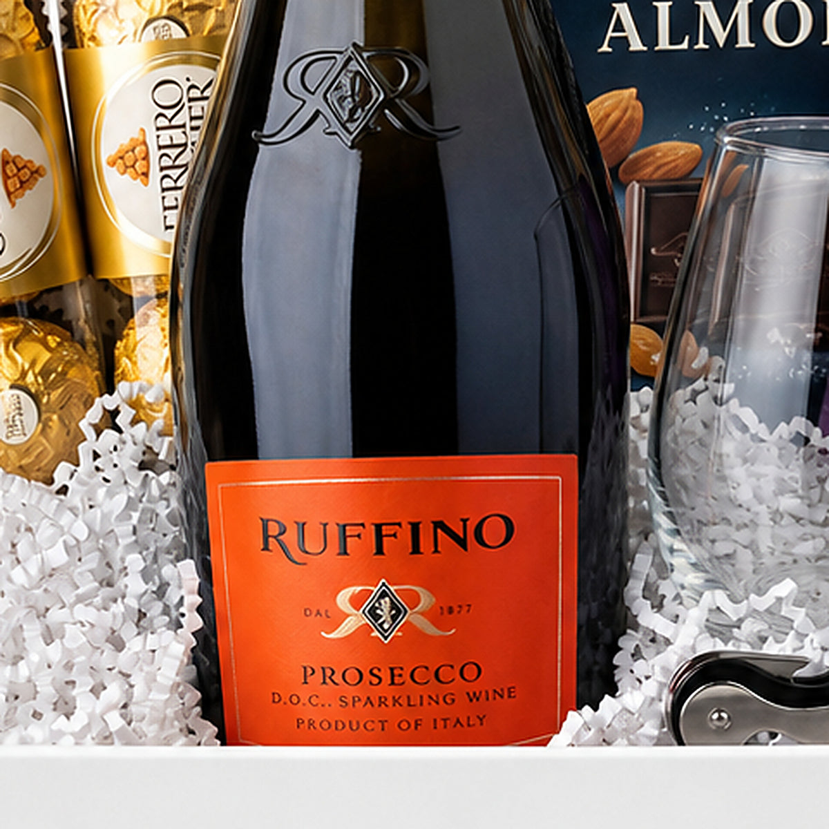 Close-up of the Ruffino Prosecco included in the Prosecco Gift Basket.
