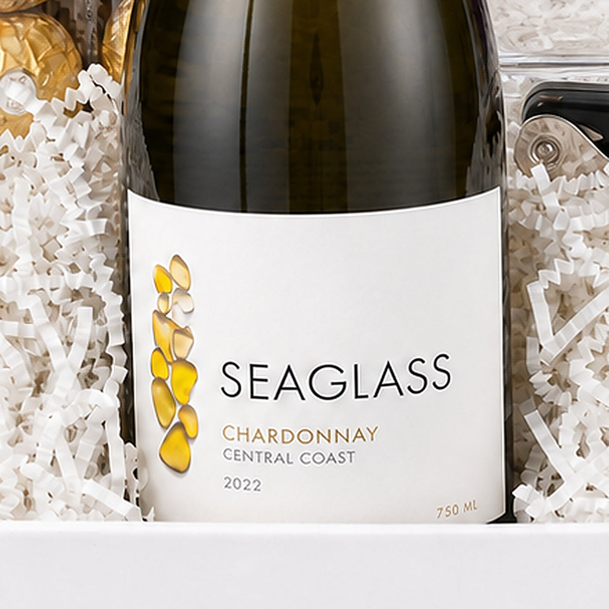 Close-up of the SeaGlass Chardonnay included in the Chardonnay Gift Basket.