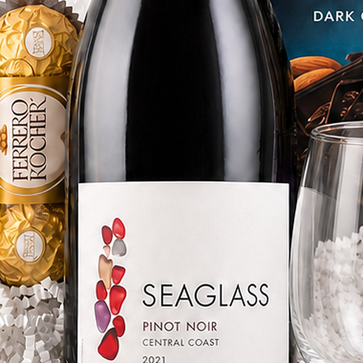 Close-up detail of the Pinot Noir Wine Gift Basket.