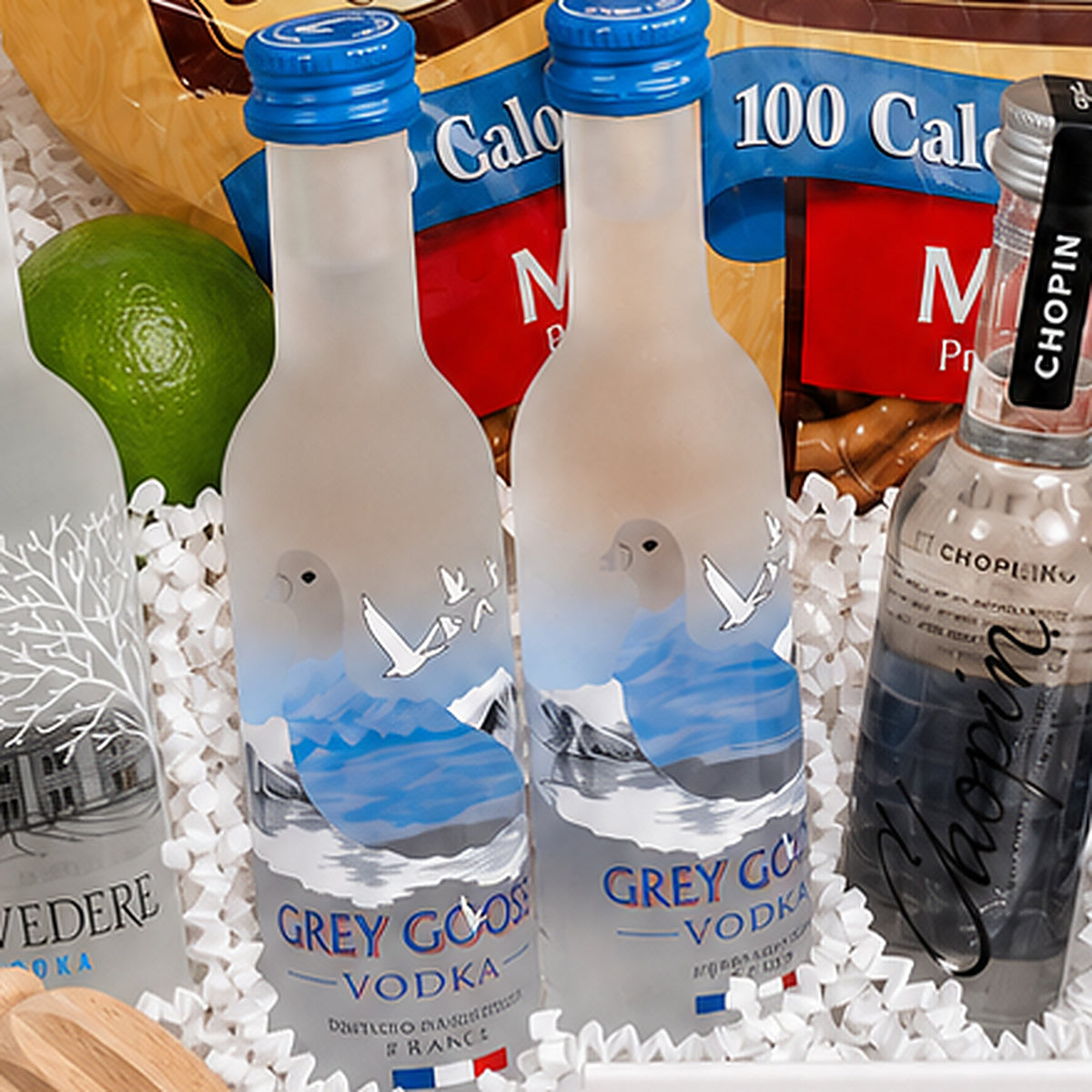 Close-up of the Grey Goose Vodka included in the Vodka Gift Basket.