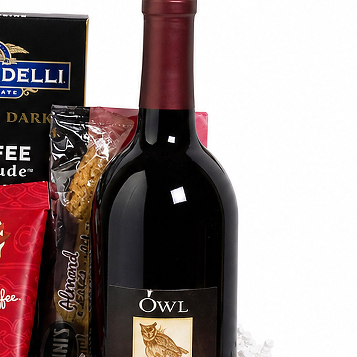 Close-up of the Owl red wine included in the Wine & Coffee Gift Basket.