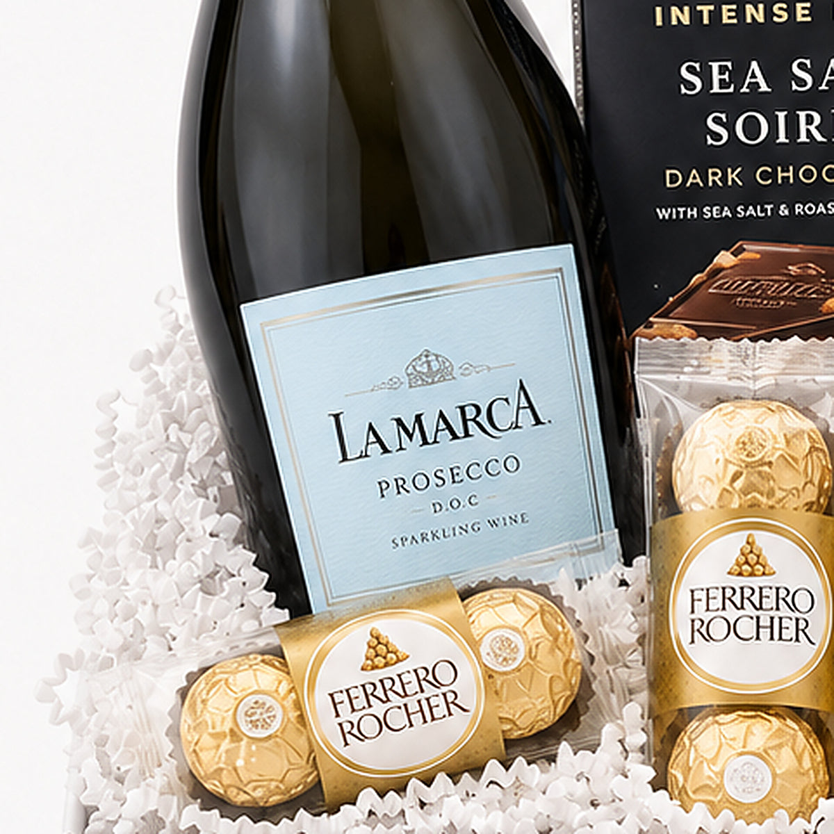 Close-up of the La Marca Prosecco included in the Champagne & Chocolate Gift Set.