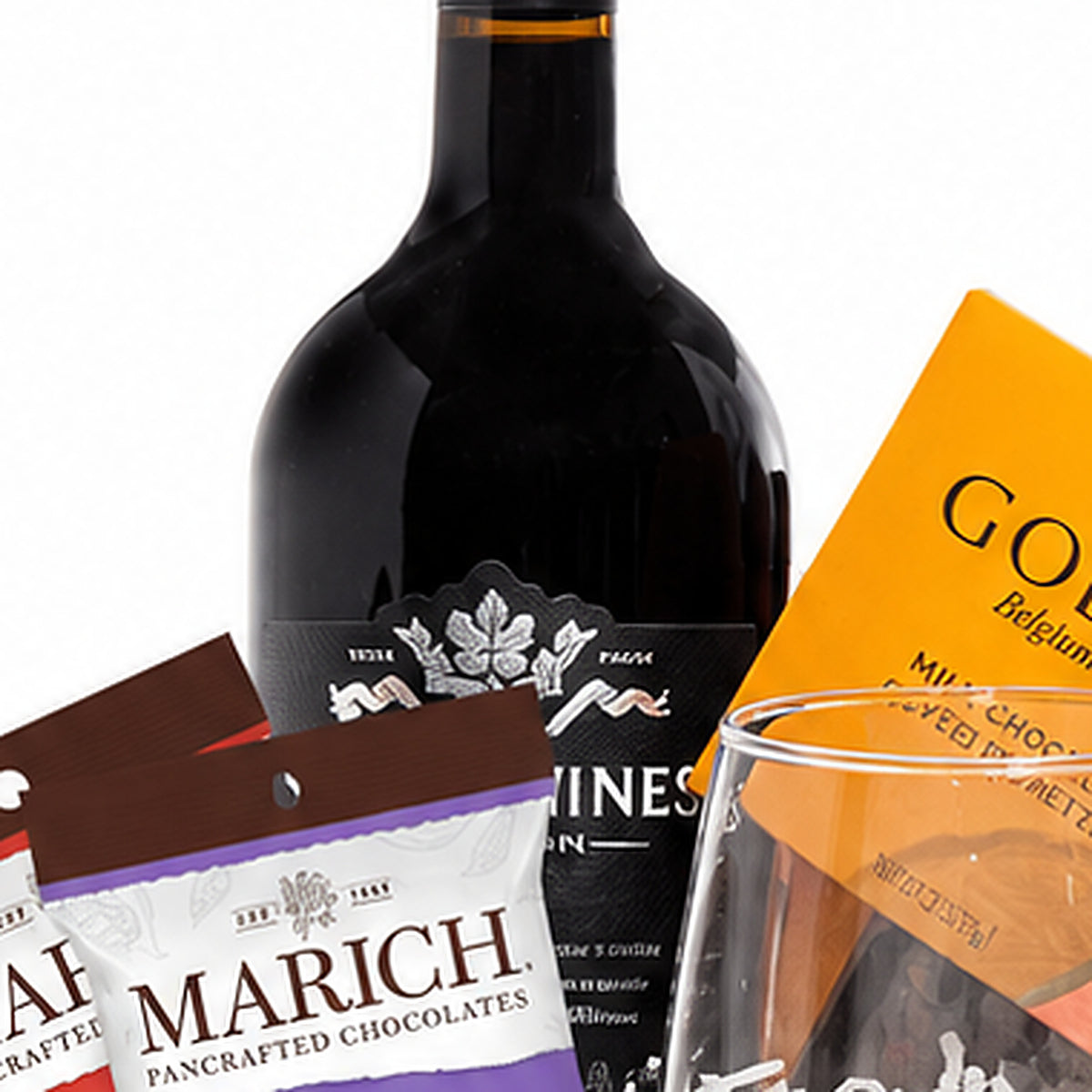 Close-up of the Red wine included in the Wine & Chocolate Gift Basket.