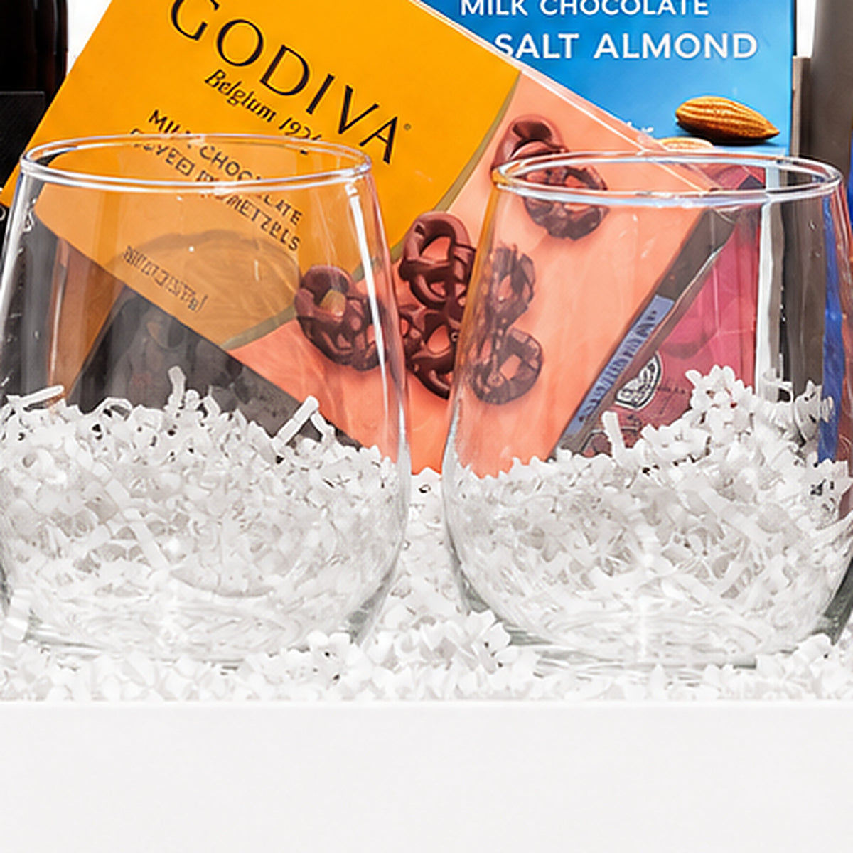 Close-up of the Stemless wine glasses included in the Wine & Chocolate Gift Basket.
