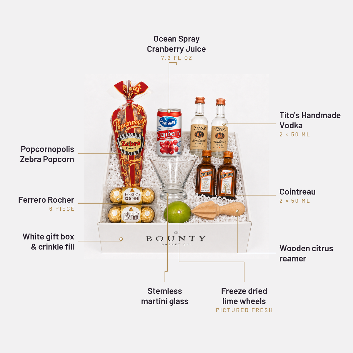 What's inside the Cosmopolitan Gift Set, labelled: Ocean Spray Cranberry Juice, Tito's Handmade Vodka, Cointreau, Wooden citrus reamer, Popcornopolis Zebra Popcorn, Ferrero Rocher, White gift box & crinkle fill, Stemless martini glass, Freeze dried lime wheels.