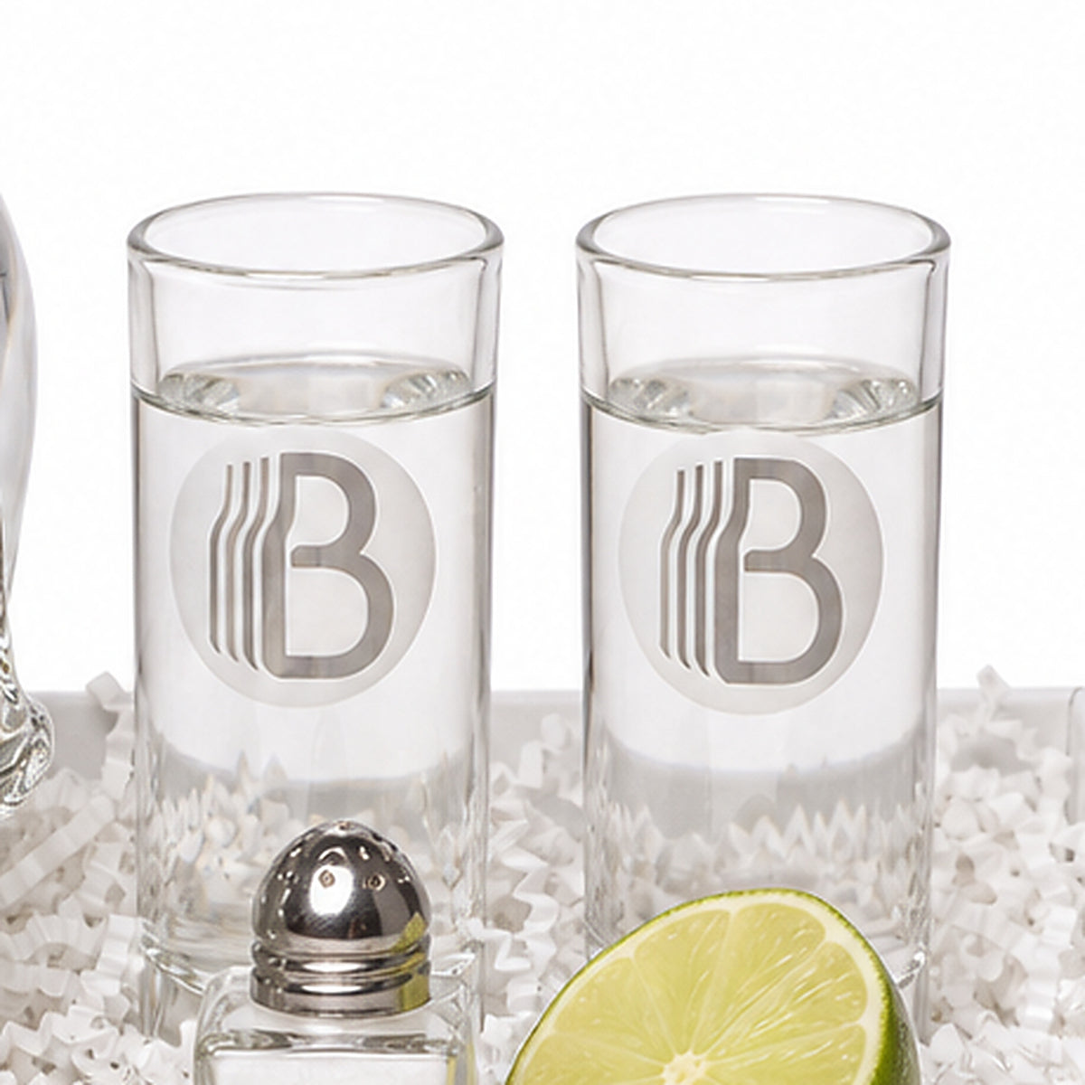 Close-up of the Branded shot glasses included in the Vodka Gift Set.