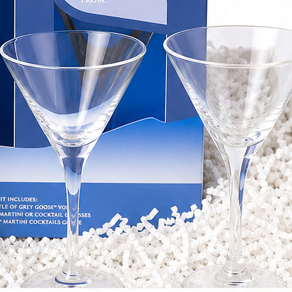 Close-up of the Martini cocktail glasses included in the Vodka Gift Box.