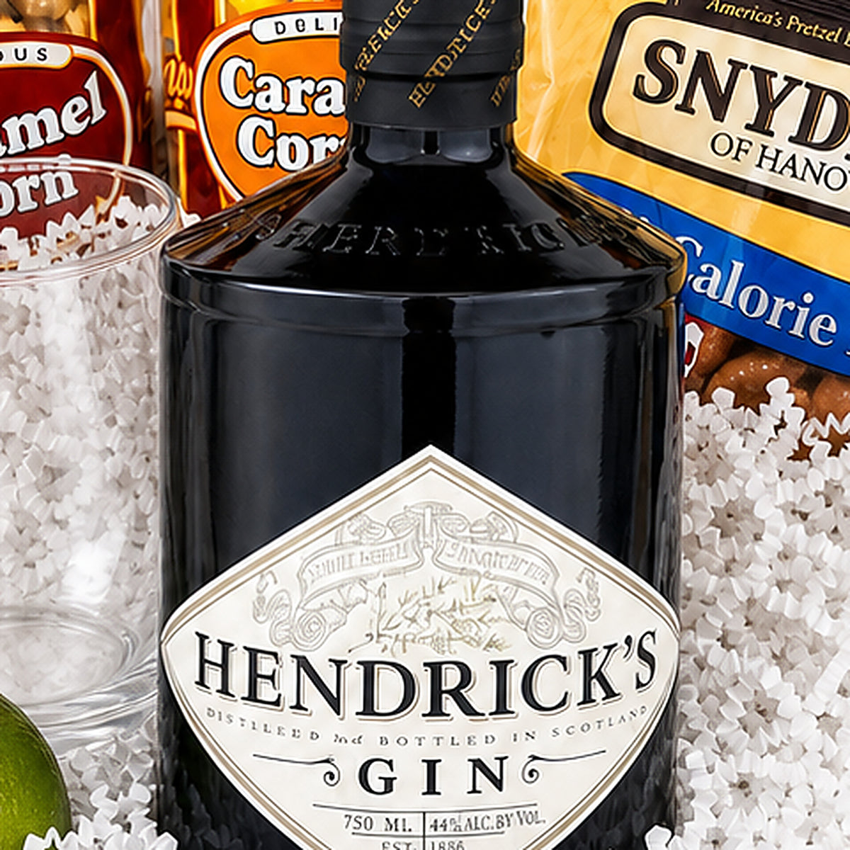 Close-up of the Hendrick's Gin included in the Gin & Tonic Gift Basket.