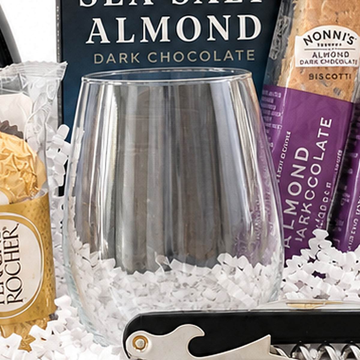 Close-up of the Stemless wine glass included in the Prosecco Gift Basket.