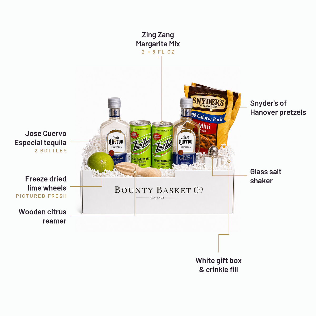What's inside the Margarita Gift Set, labelled: Zing Zang Margarita Mix, Jose Cuervo Especial tequila, Freeze dried lime wheels, Wooden citrus reamer, Snyder's of Hanover pretzels, Glass salt shaker, White gift box & crinkle fill.