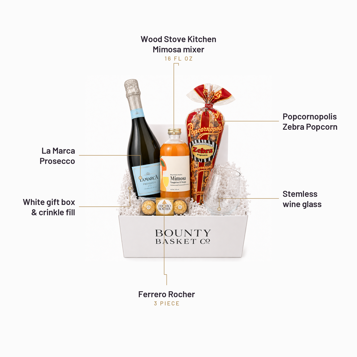 What's inside the Mimosa Gift Basket, labelled: Wood Stove Kitchen Mimosa mixer, La Marca Prosecco, White gift box & crinkle fill, Popcornopolis Zebra Popcorn, Stemless wine glass, Ferrero Rocher.