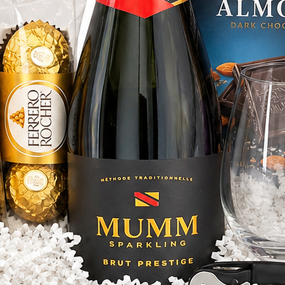 Close-up of the Mumm Sparkling Brut Prestige bottle included in the Champagne Gift Basket.