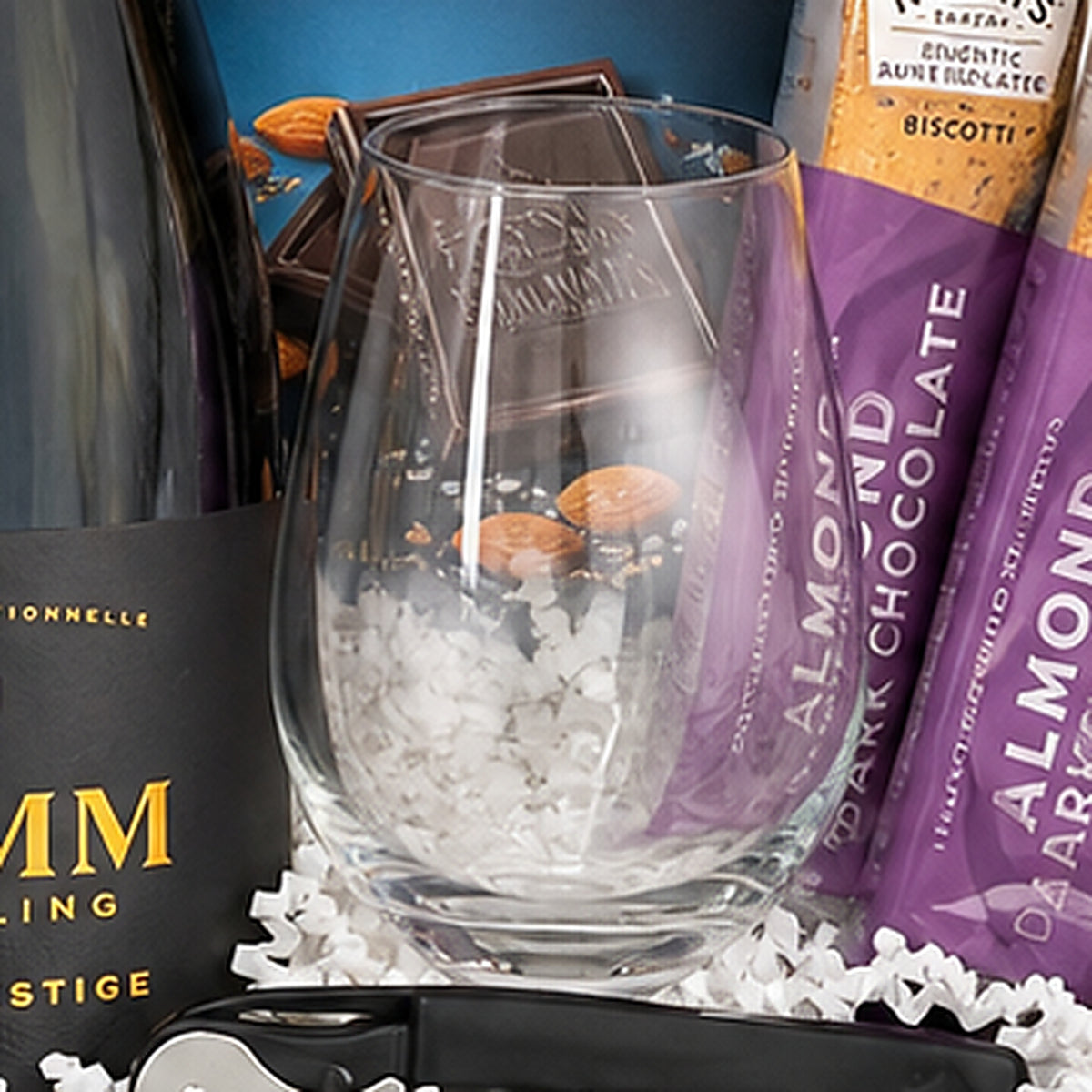 Close-up of the Stemless wine glass included in the Champagne Gift Basket.