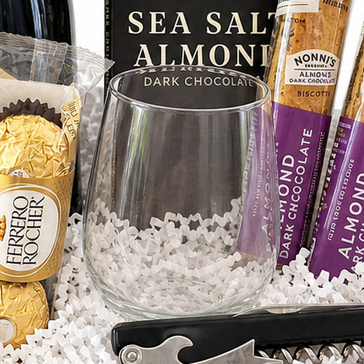 Close-up of the Stemless wine glass included in the Chardonnay Wine Gift Basket.