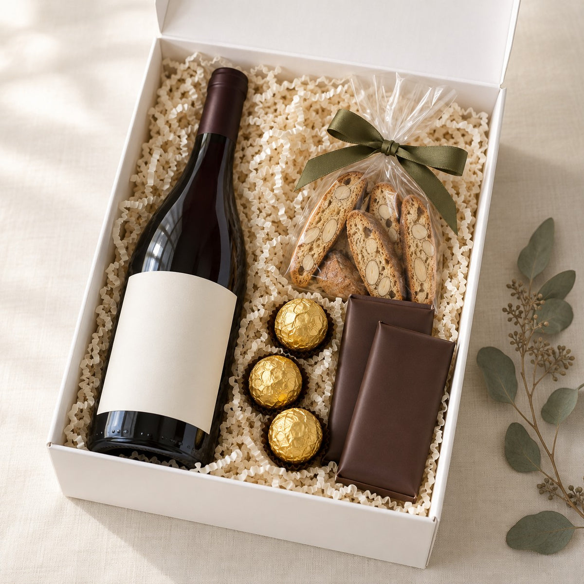 Pinot noir wine gift basket for her with chocolates and biscotti