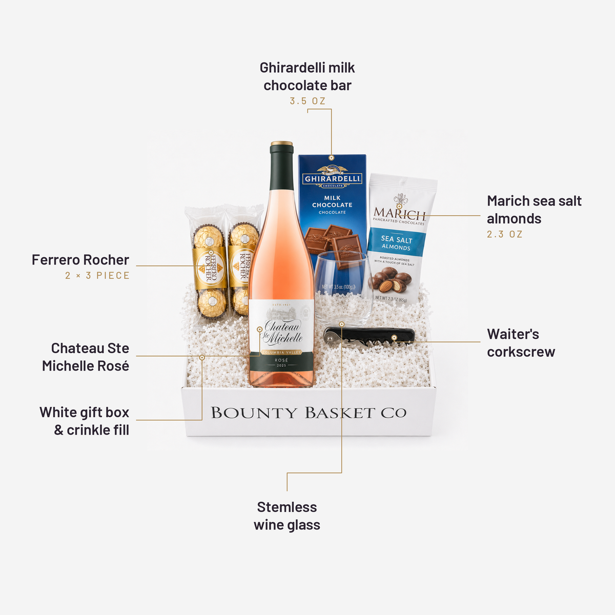 What's inside the Rosé Wine Gift Basket, labelled: Ghirardelli milk chocolate bar, Ferrero Rocher, Chateau Ste Michelle Rosé, White gift box & crinkle fill, Marich sea salt almonds, Waiter's corkscrew, Stemless wine glass.