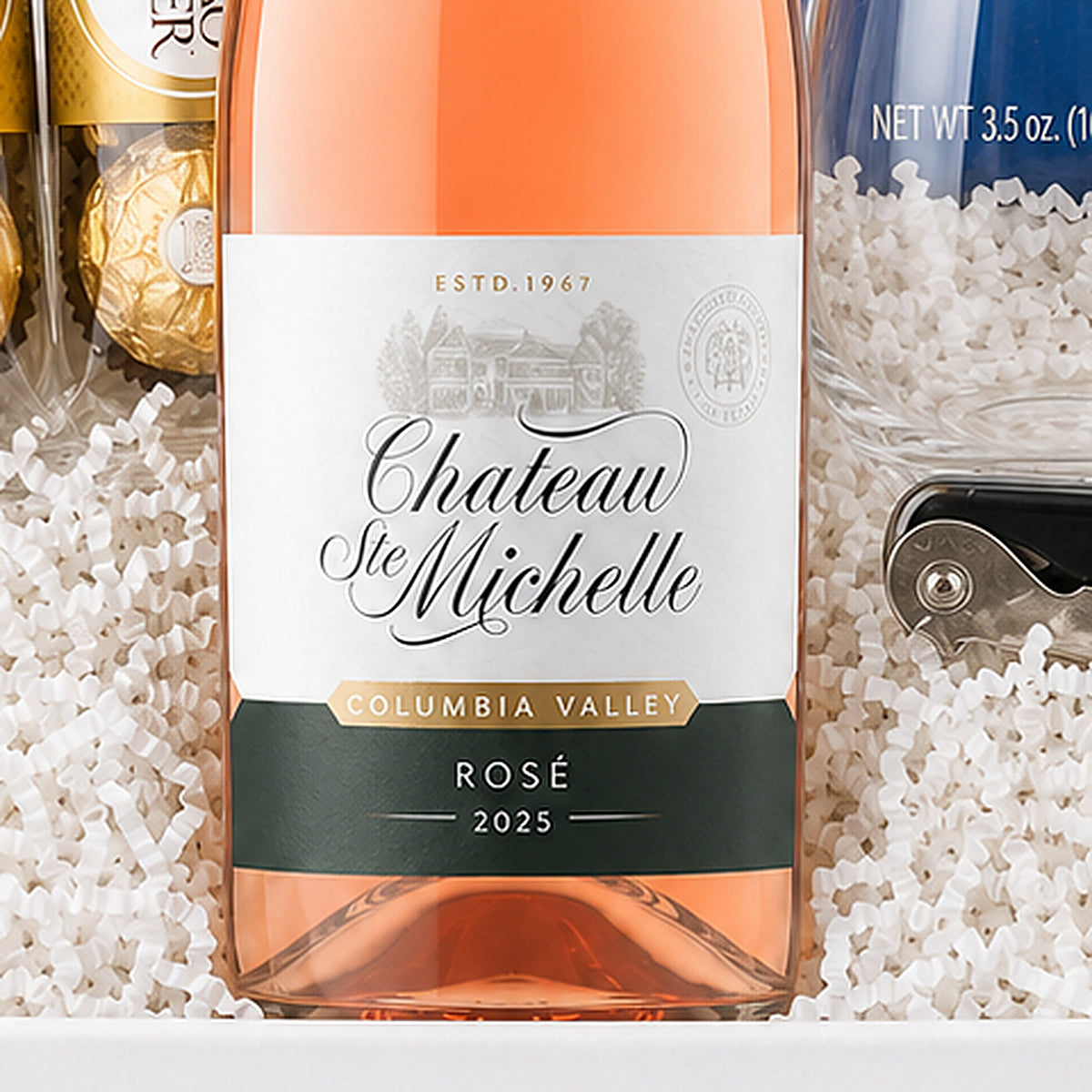 Close-up of the Chateau Ste Michelle Rosé included in the Rosé Wine Gift Basket.