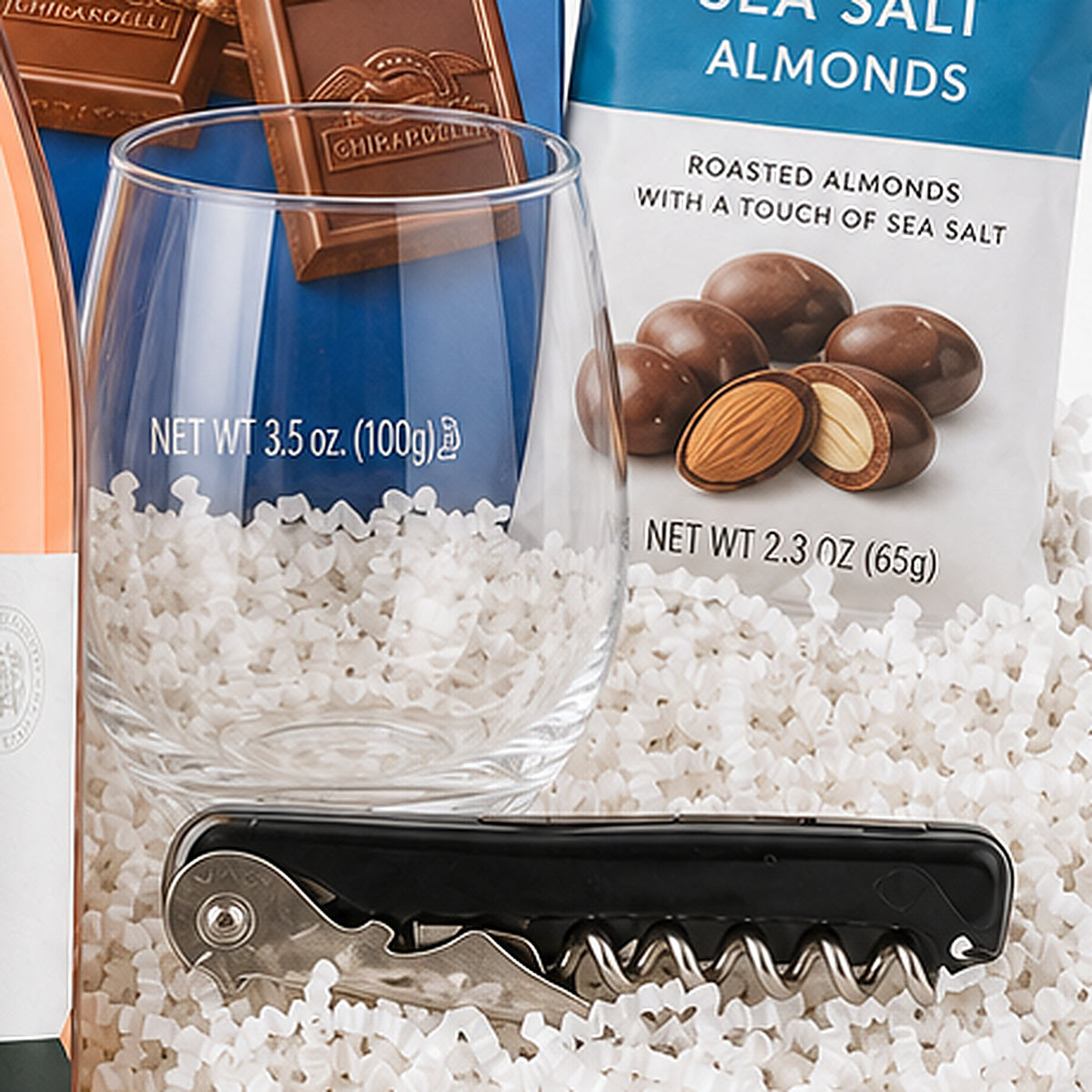 Close-up of the Stemless wine glass included in the Rosé Wine Gift Basket.