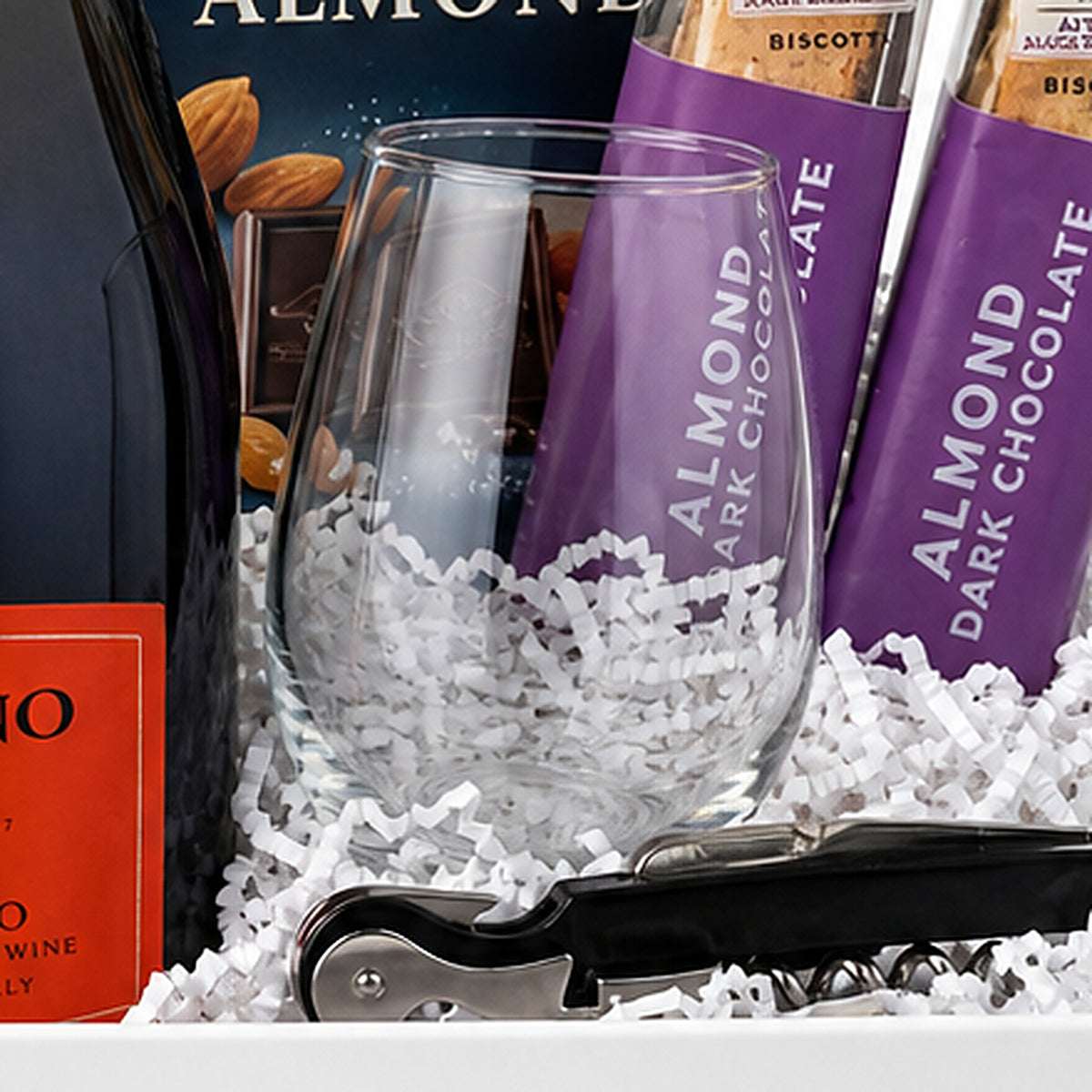 Close-up of the Stemless wine glass included in the Prosecco Gift Basket.