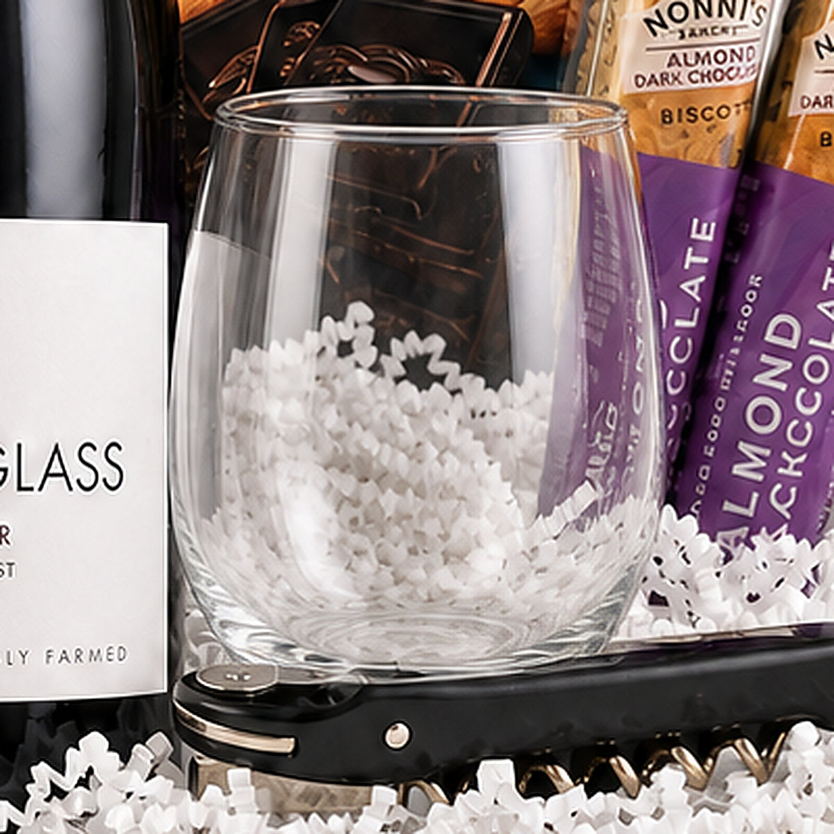 Close-up of the Stemless wine glass included in the Pinot Noir Wine Gift Basket.