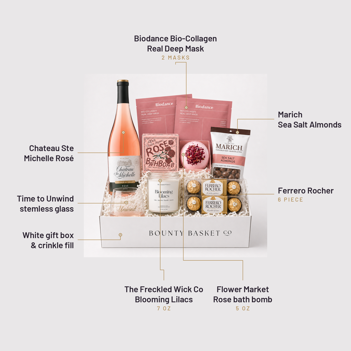 What's inside the Spa Gift Basket, labelled: Biodance Bio-Collagen Real Deep Mask, Marich Sea Salt Almonds, Ferrero Rocher, Chateau Ste Michelle Rosé, Time to Unwind stemless glass, White gift box & crinkle fill, The Freckled Wick Co Blooming Lilacs, Flower Market Rose bath bomb.