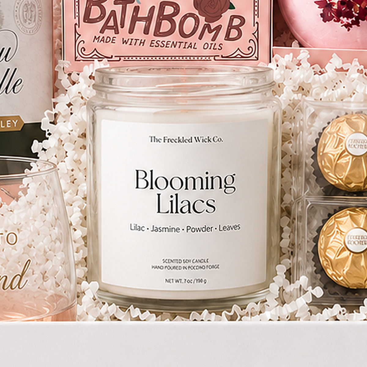 Close-up of the The Freckled Wick Co Blooming Lilacs included in the Spa Gift Basket.