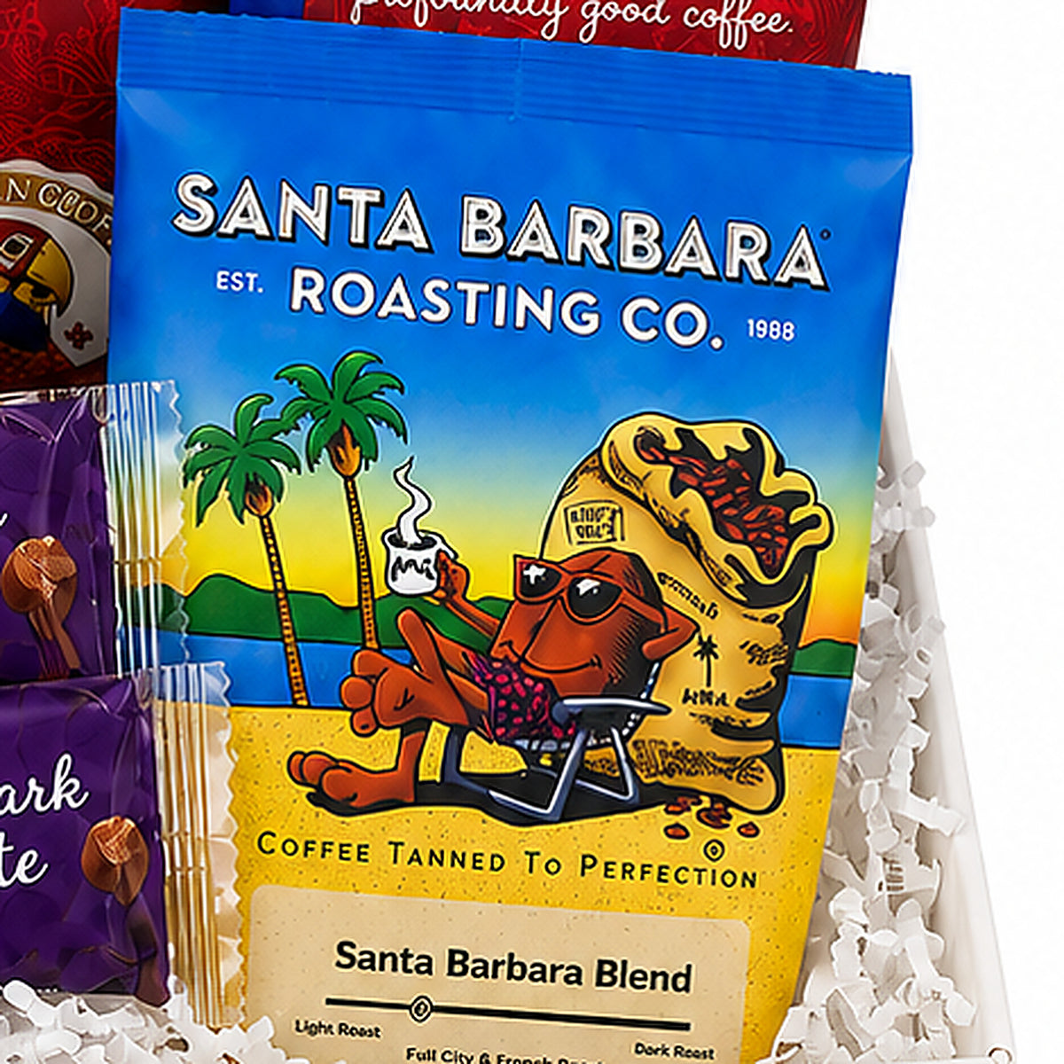 Close-up of the Santa Barbara Roasting Co. included in the Coffee Gift Basket.