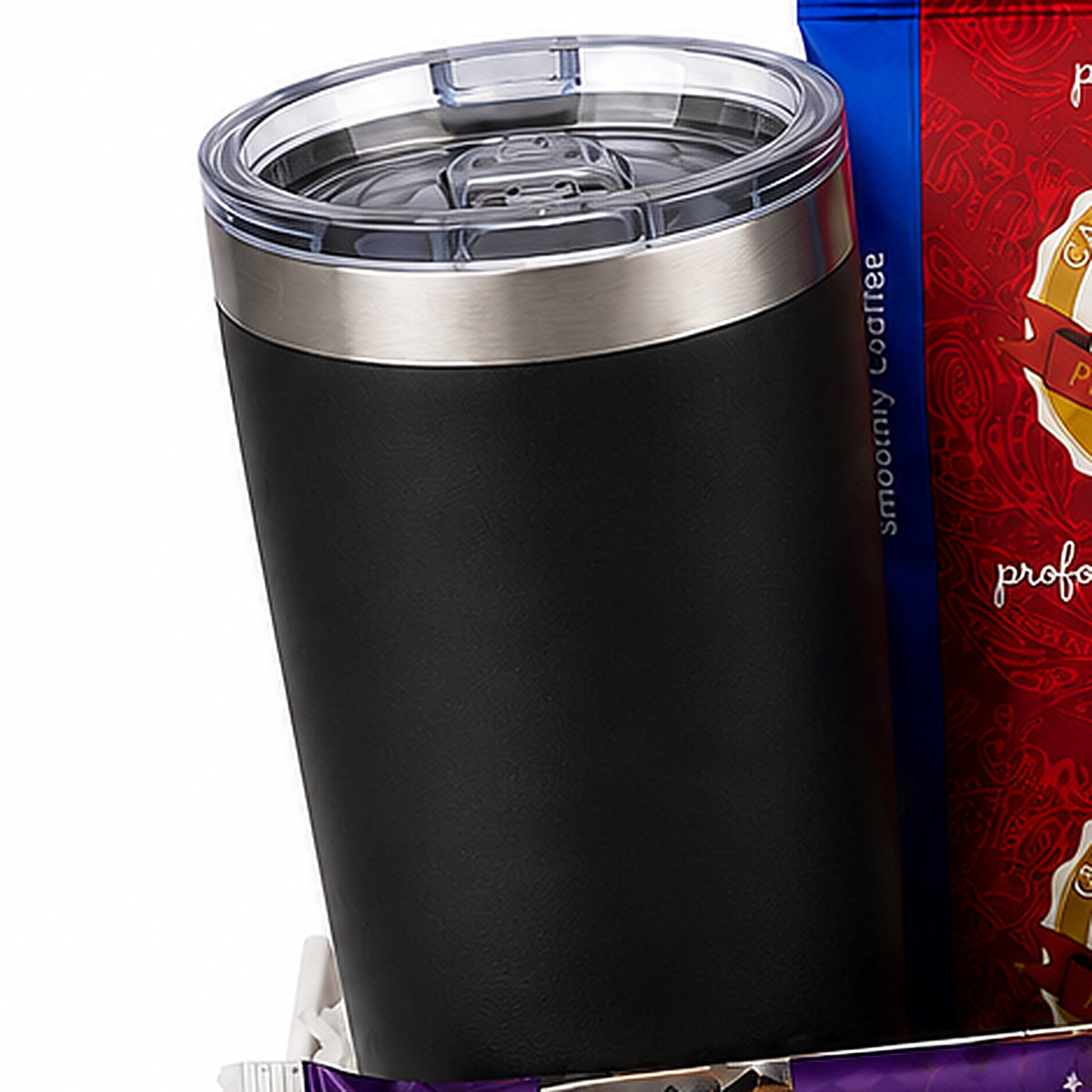 Close-up of the Insulated travel tumbler included in the Coffee Gift Basket.
