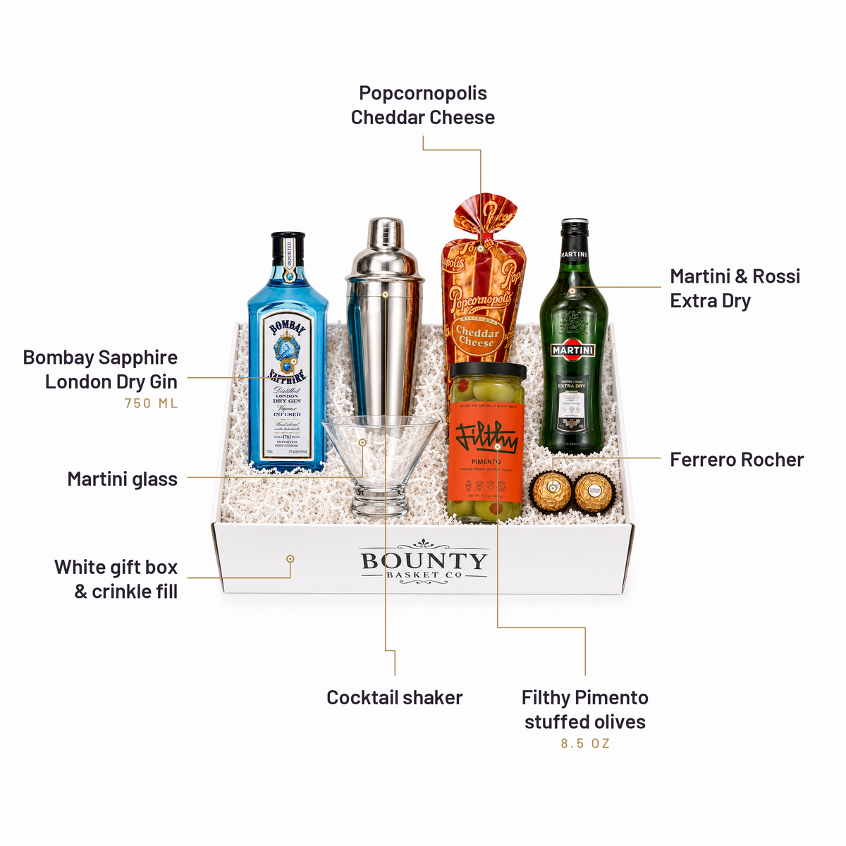 What's inside the Gin Martini Gift Basket, labelled: Popcornopolis Cheddar Cheese, Martini & Rossi Extra Dry, Ferrero Rocher, Bombay Sapphire London Dry Gin, Martini glass, White gift box & crinkle fill, Cocktail shaker, Filthy Pimento stuffed olives.