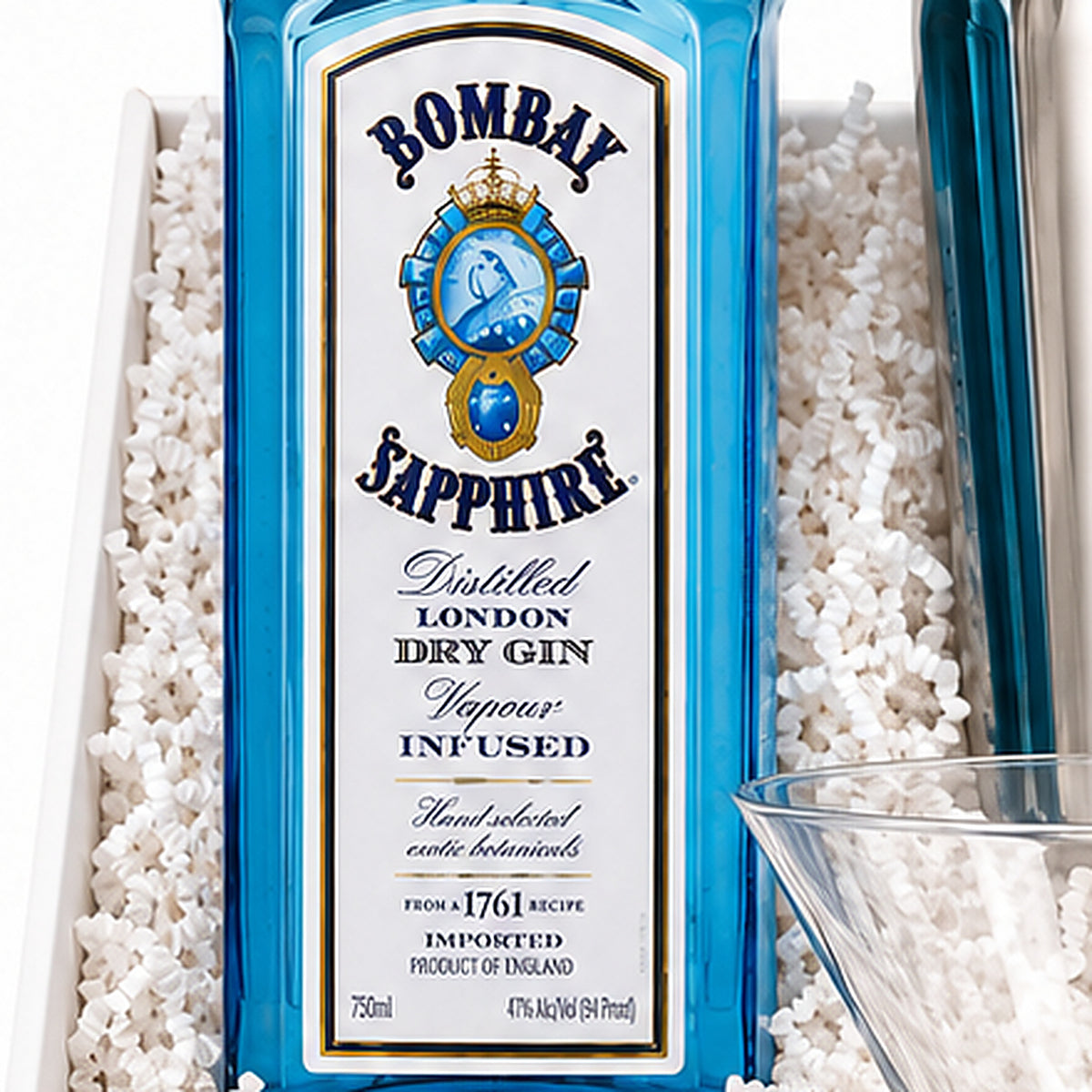 Close-up of the Bombay Sapphire London Dry Gin included in the Gin Martini Gift Basket.
