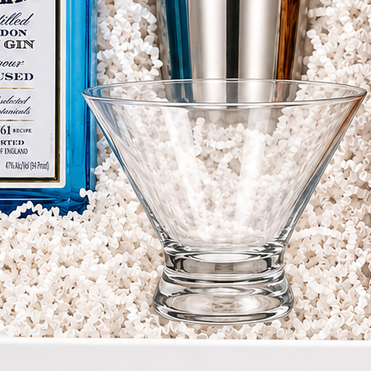 Close-up of the Martini glass included in the Gin Martini Gift Basket.