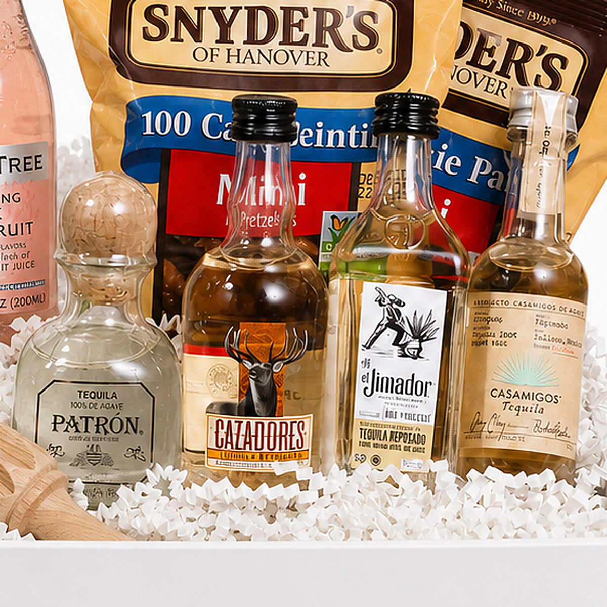 Close-up of the Patrón, Cazadores, El Jimador, Casamigos included in the Tequila Gift Set.