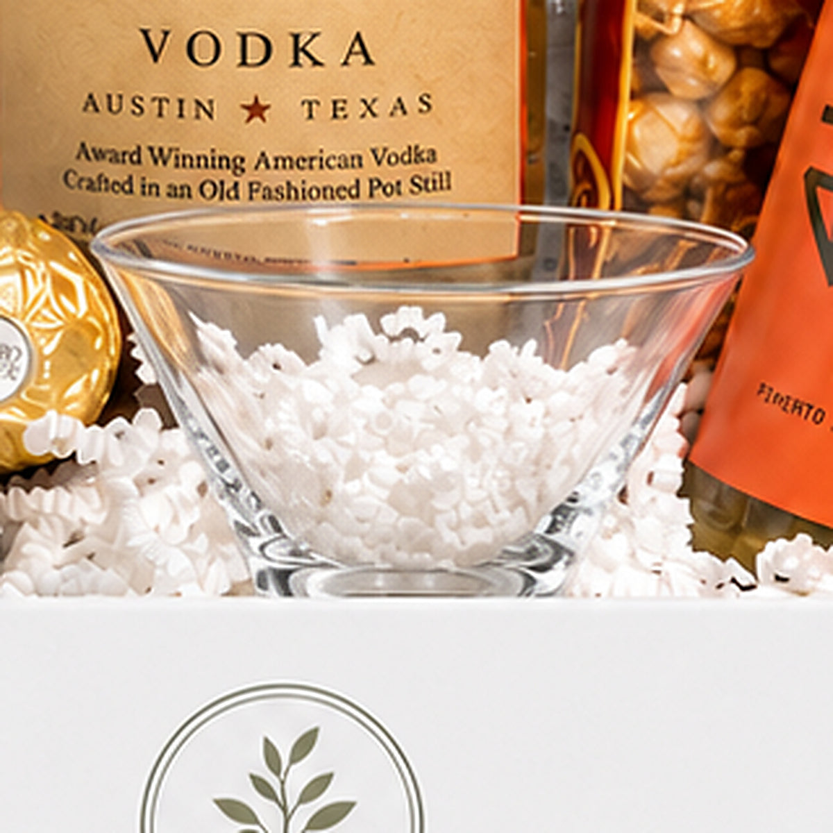 Close-up of the Stemless martini glass included in the Vodka Martini Gift Basket.
