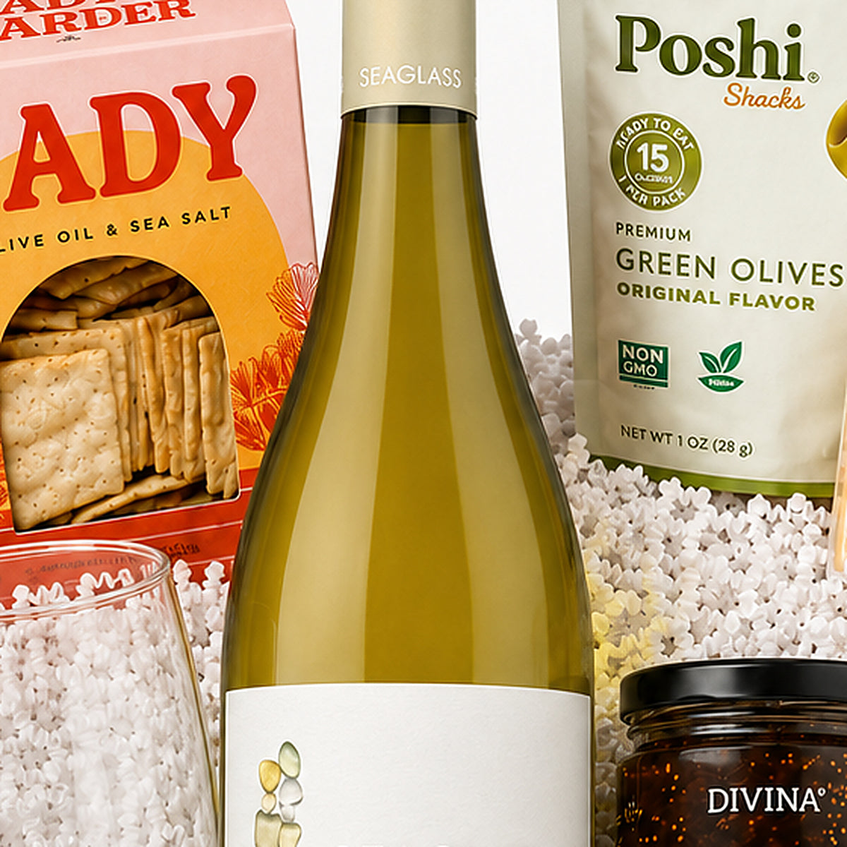 Close-up of the Seaglass Chardonnay Central Coast included in the Wine & Cheese Gift Basket.