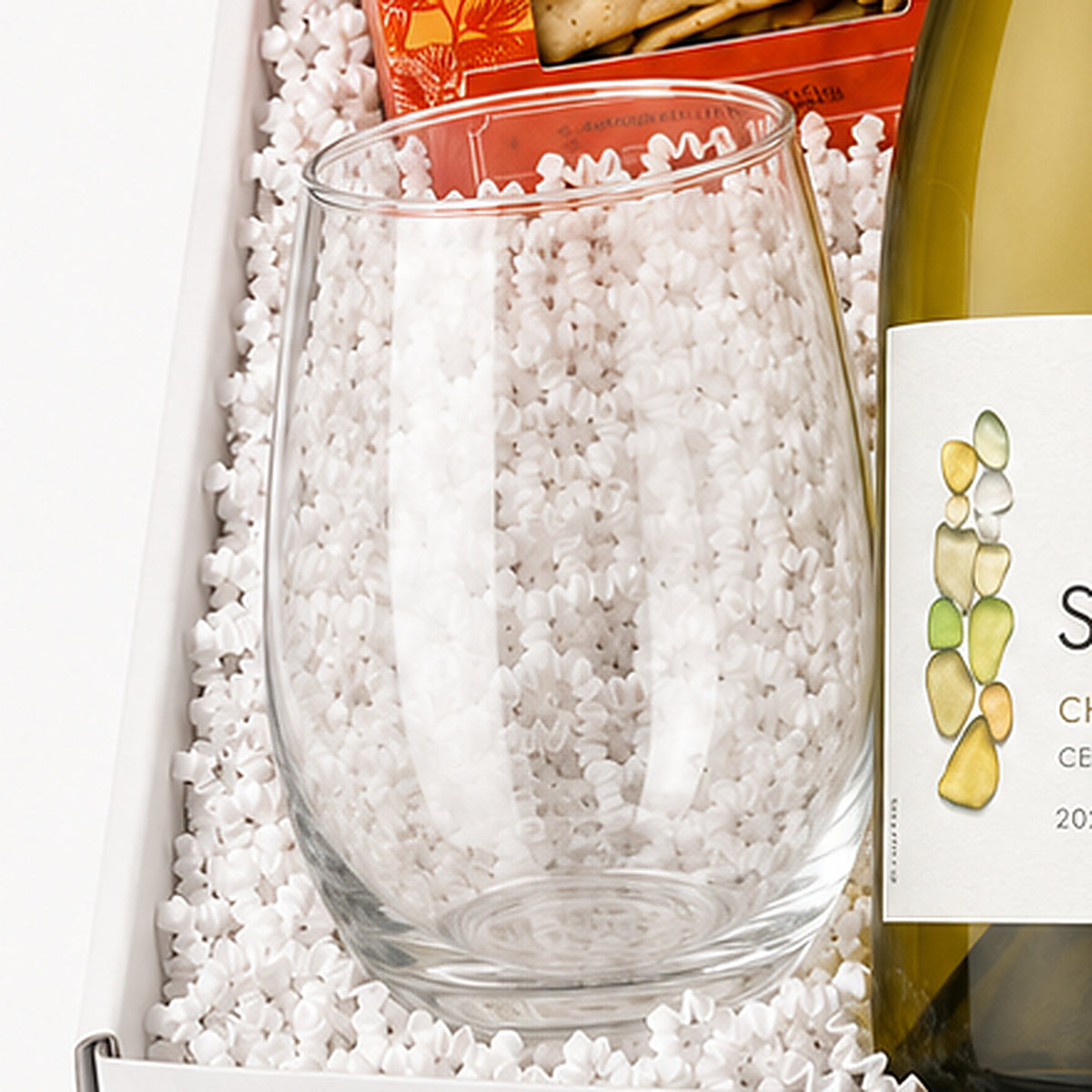 Close-up of the Stemless wine glass included in the Wine & Cheese Gift Basket.